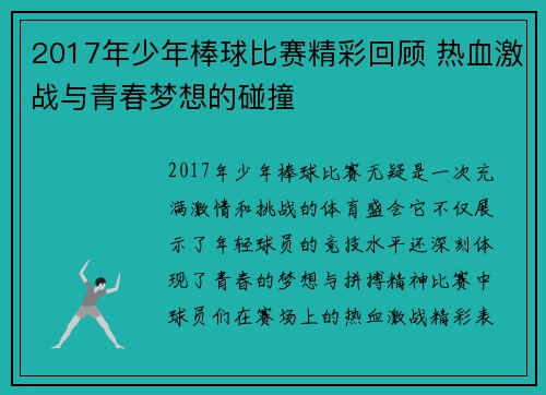 2017年少年棒球比赛精彩回顾 热血激战与青春梦想的碰撞