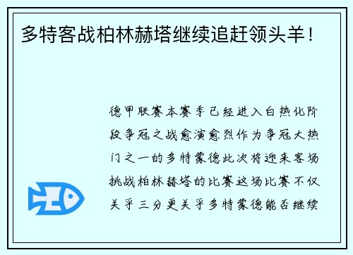 多特客战柏林赫塔继续追赶领头羊！