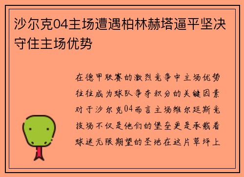 沙尔克04主场遭遇柏林赫塔逼平坚决守住主场优势